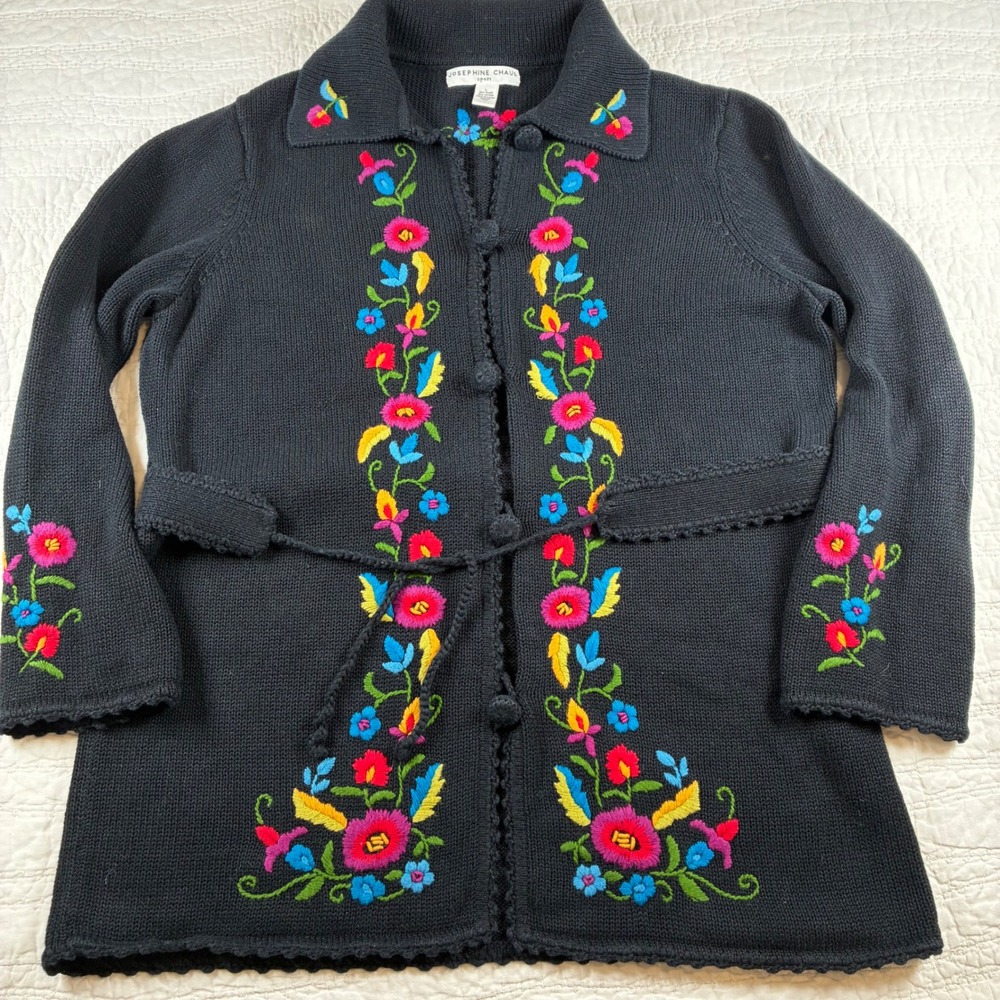 VTG Josephine Chaus Sport Embroidered Floral Knit Cardigan Belted Folk Cottage L